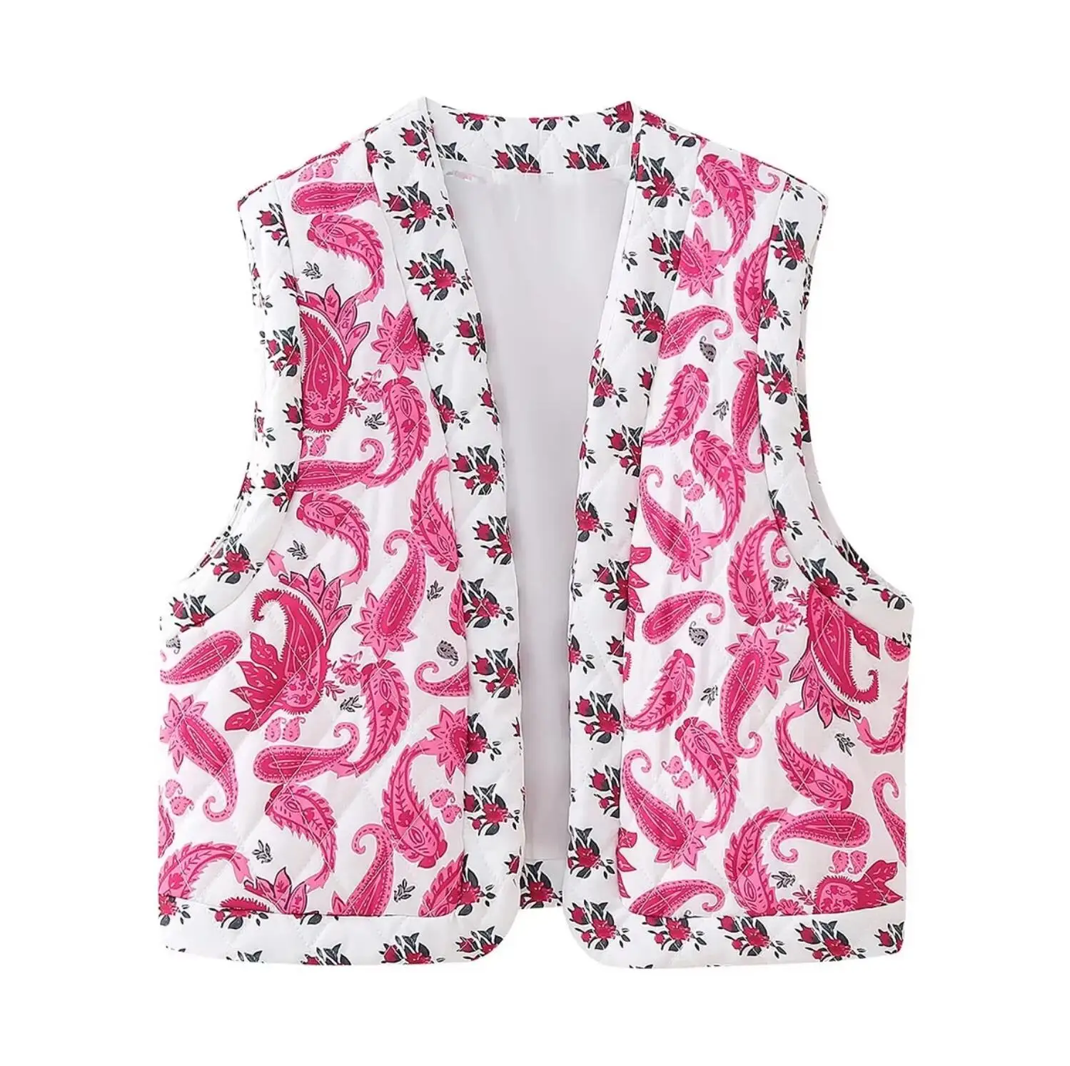 Ethnic Women Chinese Pink Paisley Flower Print Quilted Vest