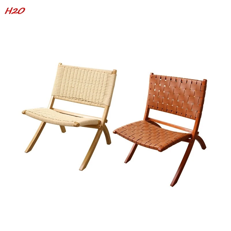 Scandinavian Ash Wood Beach Chair Solid Wood Rope Chair Saddle Leather Net Red Folding Balcony Outdoor Leisure Rope