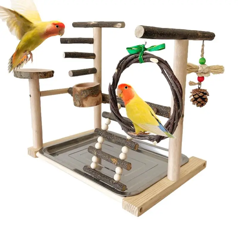 

Wooden Bird Toys Parrot Perch Stand Parakeet Playground With Feeding Cup Cockatiels Climbing Ladder swing Toy Cage Accessories