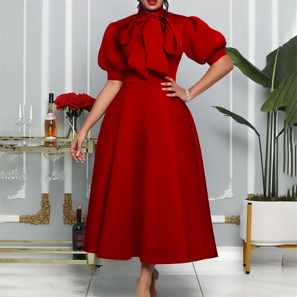 

Plus Size African Evening Dresses for 2024 Summer Women Tie Bow Neck Balloon Sleeve High Waist Evening Party Long Maxi Gown Robe