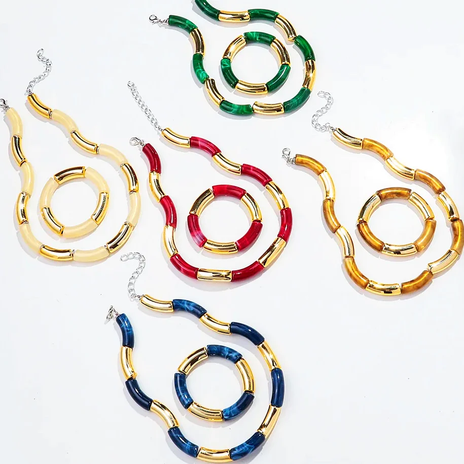 Женские акриловые бамбуковые браслеты в богемном стиле, золотистого цвета, в стиле бохо, штабелируемые бусины, ожерелье, 2024, модные ювелирные украшения