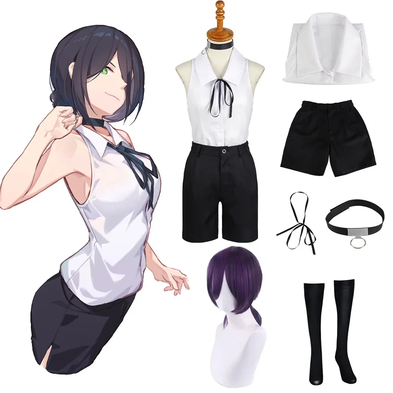 

Anime Chainsaw Man Reze Cosplay Costume Utfits Shirt Tie Short Wig Neck Ring Women Uniform Halloween Party Costume