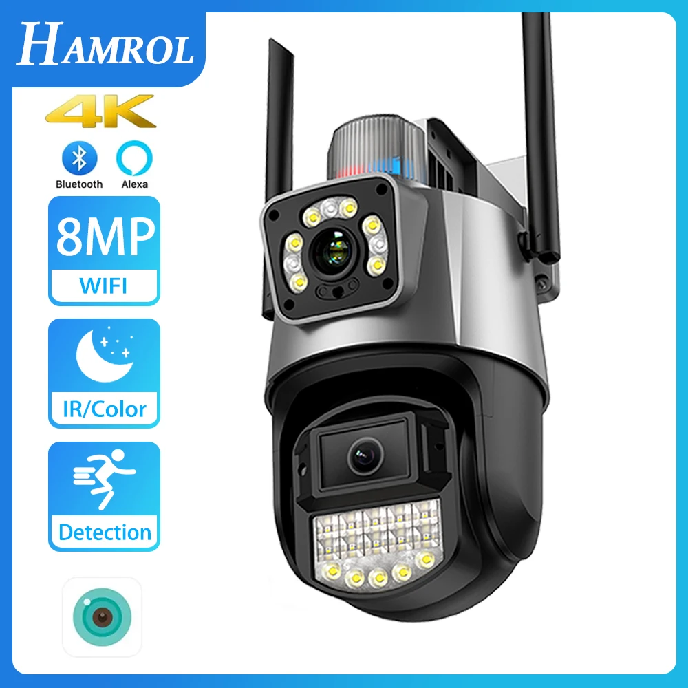 HAMROL 8MP WIFI PTZ IP Camera 4X Zoom Dual Lens Dual Screen With Police Light Alarm Outdoor 6MP Video CCTV Security Camera