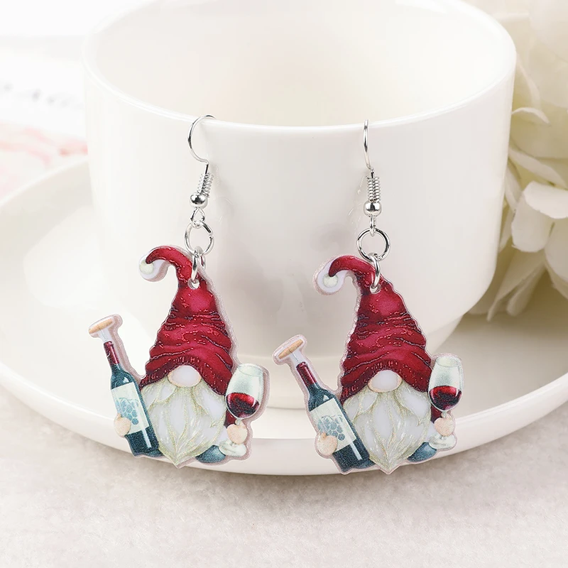 1Pair Fashion Woman Dangle Earrings Red Wine Gnome Acrylic