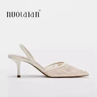 Brand Designer White Women Pumps Mesh Embroidered Flowers Back Strap Sexy Slingback High Heels Dress Wedding Shoes for Ladies - Image 6
