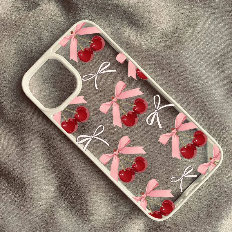 Charming Pink Bow Crystal Cherry Clear Phone Case with Love Heart Design