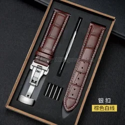 Genuine Leather Watchband with Butterfly Clasp - Universal Strap Bracelet - 14mm (BrownWhite Silver)