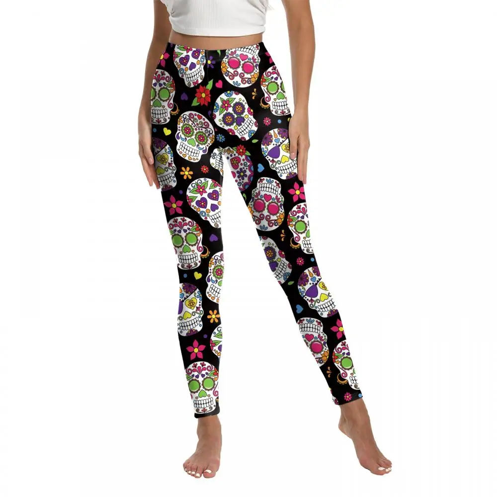 Nadanbao Halloween-Leggings mit Blumen- und Totenkopf-Motiv, Damen-Hosen mit hoher Taille, weiche, elastische Hosen, Hosen für den Tag der Toten. – Detail 12