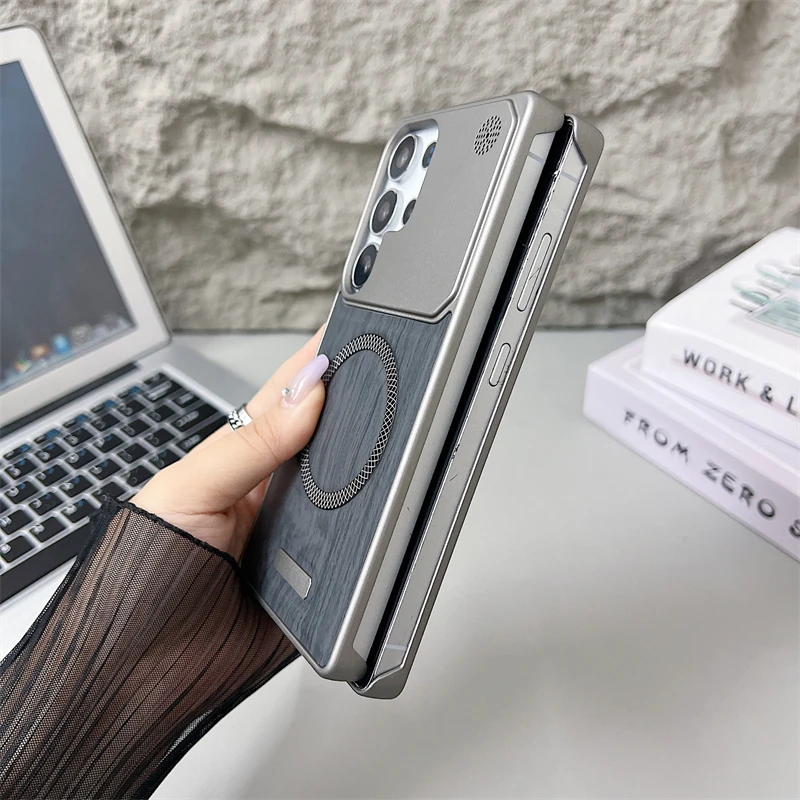 Frameless Wood Grain Leather Magnetic Phone Case