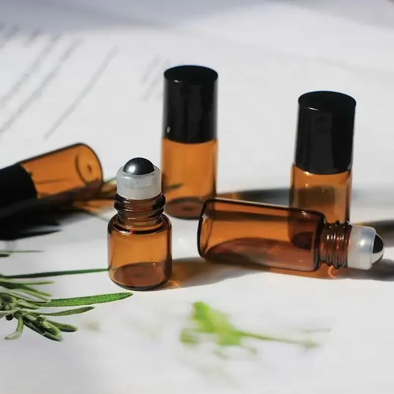 Refillable Cosmetic Bottle 100pcs 1ml 2ml 3ml 5ml Glass Roll On Bottles For Essential Oils Amber Refillable Glass Roller Metal Oil Vials Mini Bottle