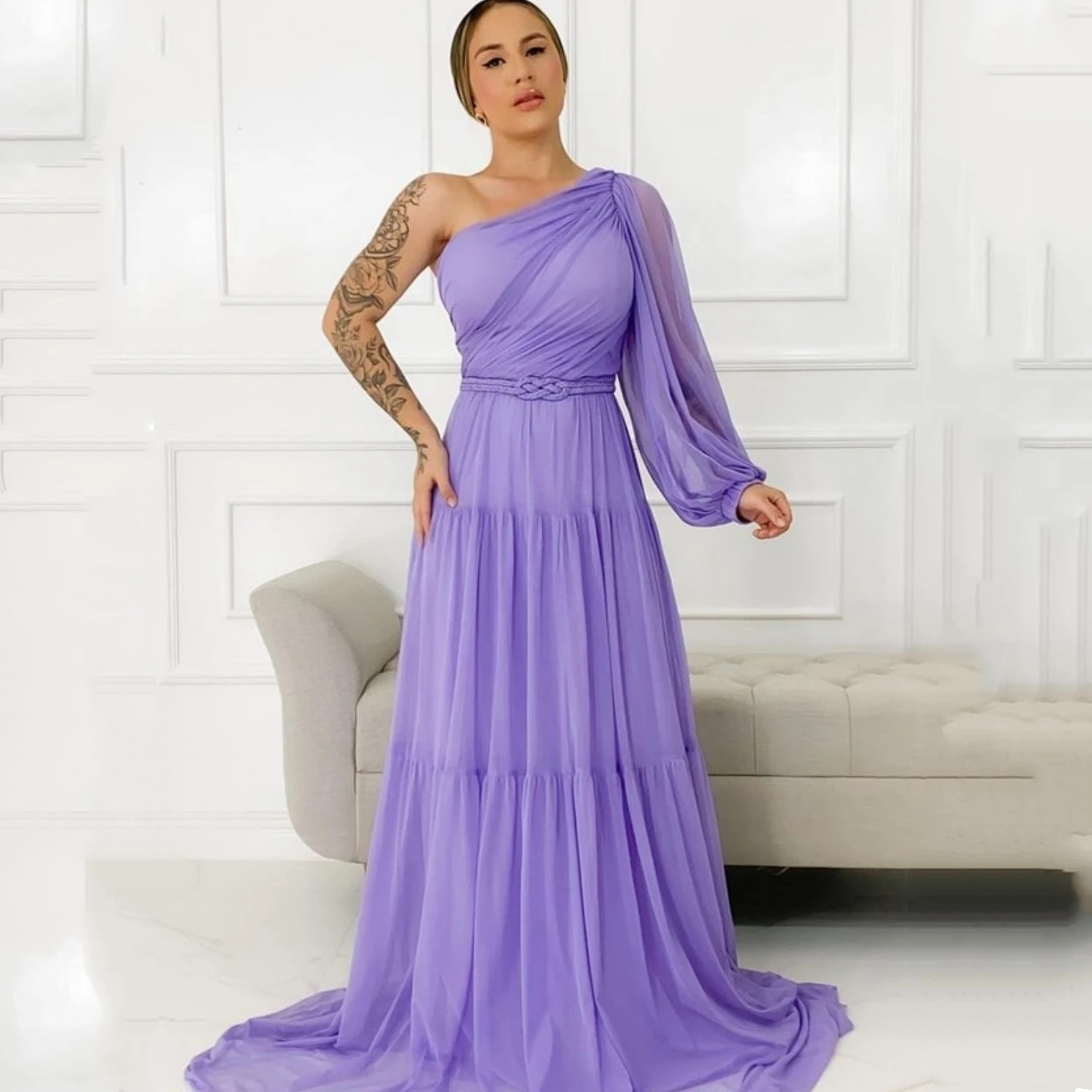 

Lucy Lavende A Line Custom Evening Prom Dresses Chiffon Arbaic One Full Sleeve Robes De Cocktail Night Dress Gowns 2023
