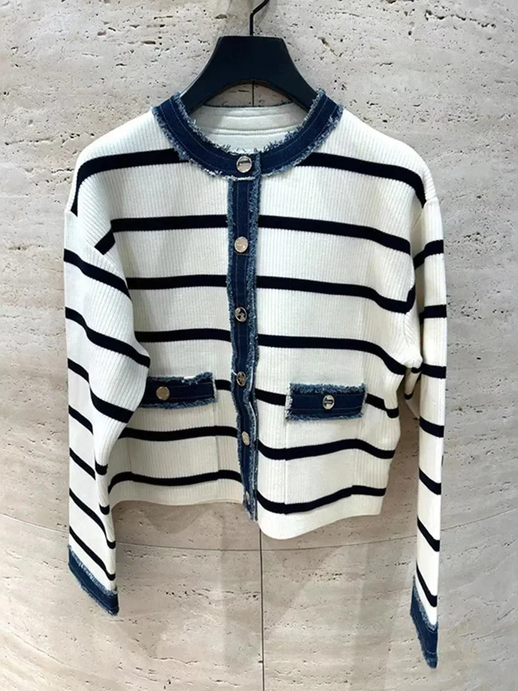 2025 Spring Women Denim Splice Knit Cardigan Contrast Color Stripes O-Neck Female Preppy Style Sweater Coat 2