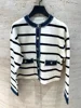 2025 Spring Women Denim Splice Knit Cardigan Contrast Color Stripes O-Neck Female Preppy Style Sweater Coat 2