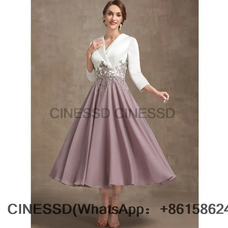 

Mother of the Bride Dress A-Line V-neck Prom robe de soirée femme Tea-Length Lace Half Sleeves Appliques Party Gown