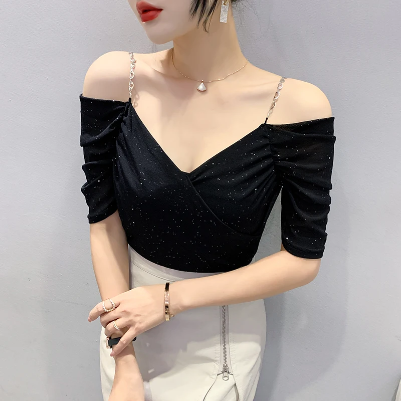 

Black Summer Korean Style Chain Camis T-Shirt Sexy Off Collar Draped Cross Women Shiny Tops Short Sleeve Tees 2024 New 432913