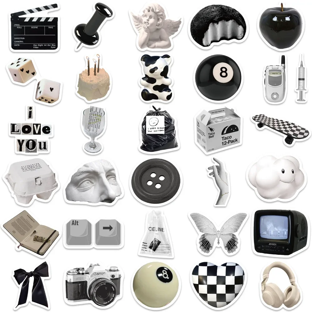 Decorative Stickers 10/30/60Pcs Retro Black Waterproof Graffiti Sticker Aesthetic Decorative Luggage Laptop Phone Fridge Scrapbook Kids Stickers