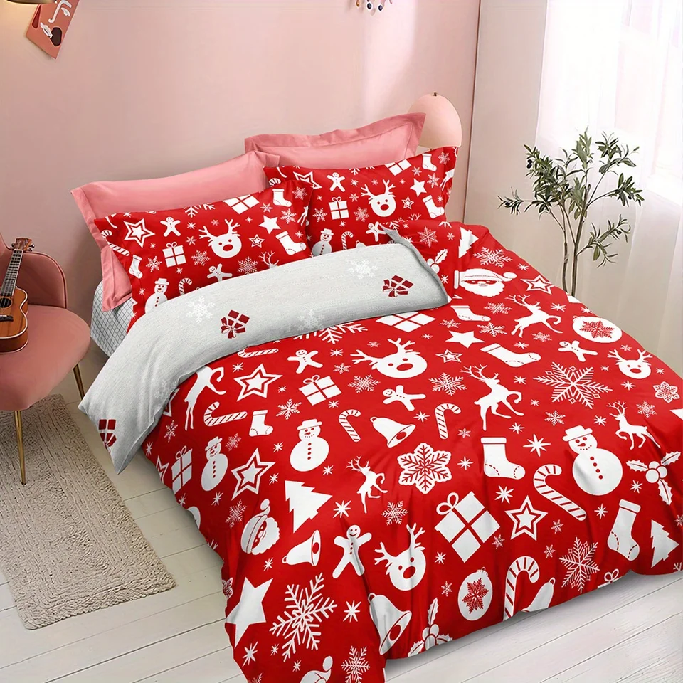 DJY Set Copripiumino Natalizio King Size Con Renne E Fiocchi Di Neve – Rosso, Morbida Microfibra - 2