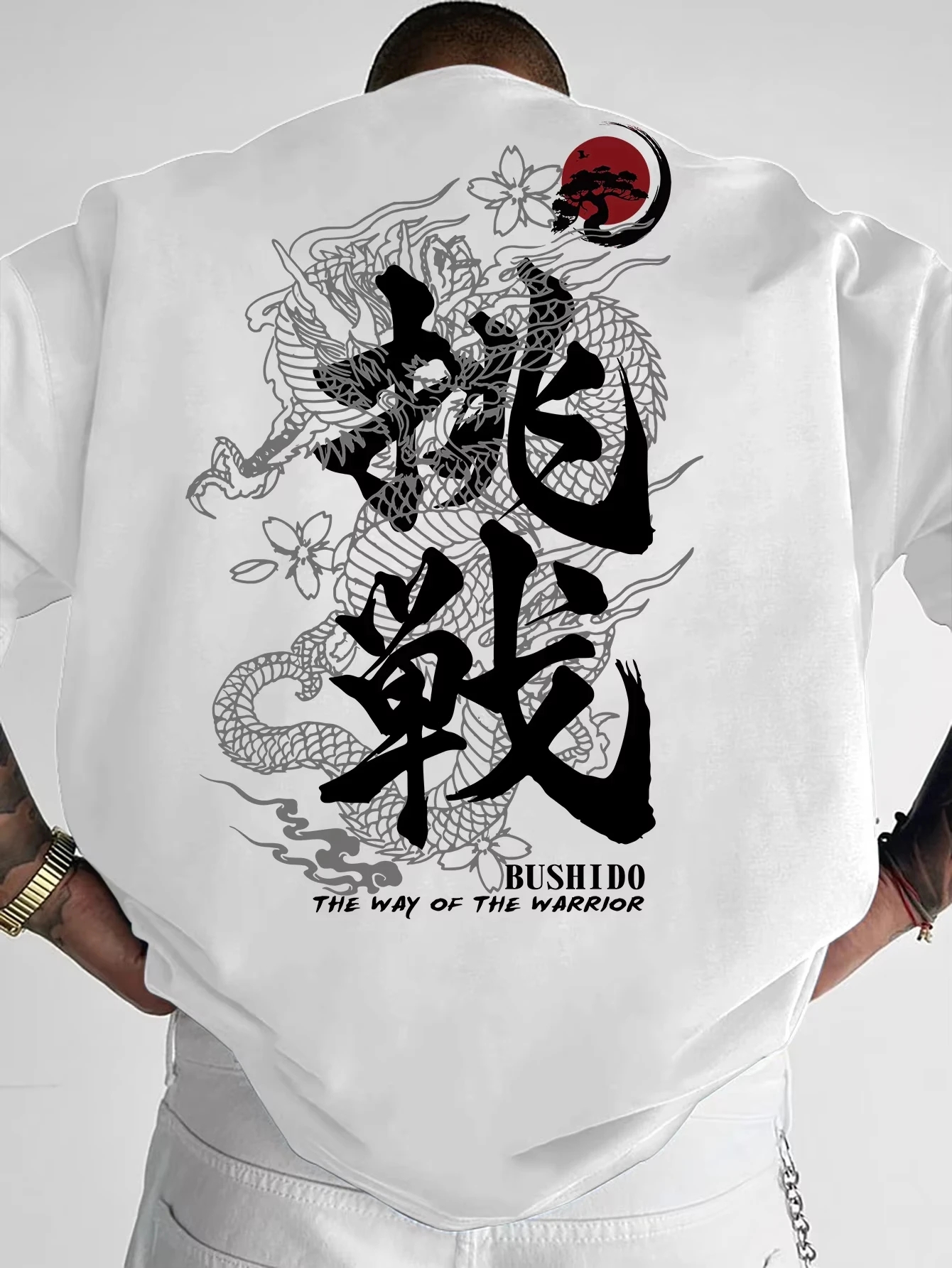Japanisches Samurai-Schwert Drachenmuster Bedrucktes T-Shirt für Männer und Frauen Baumwolle Locker Kurzarm T-Shirt Herren T-Shirts Herrenbekleidung