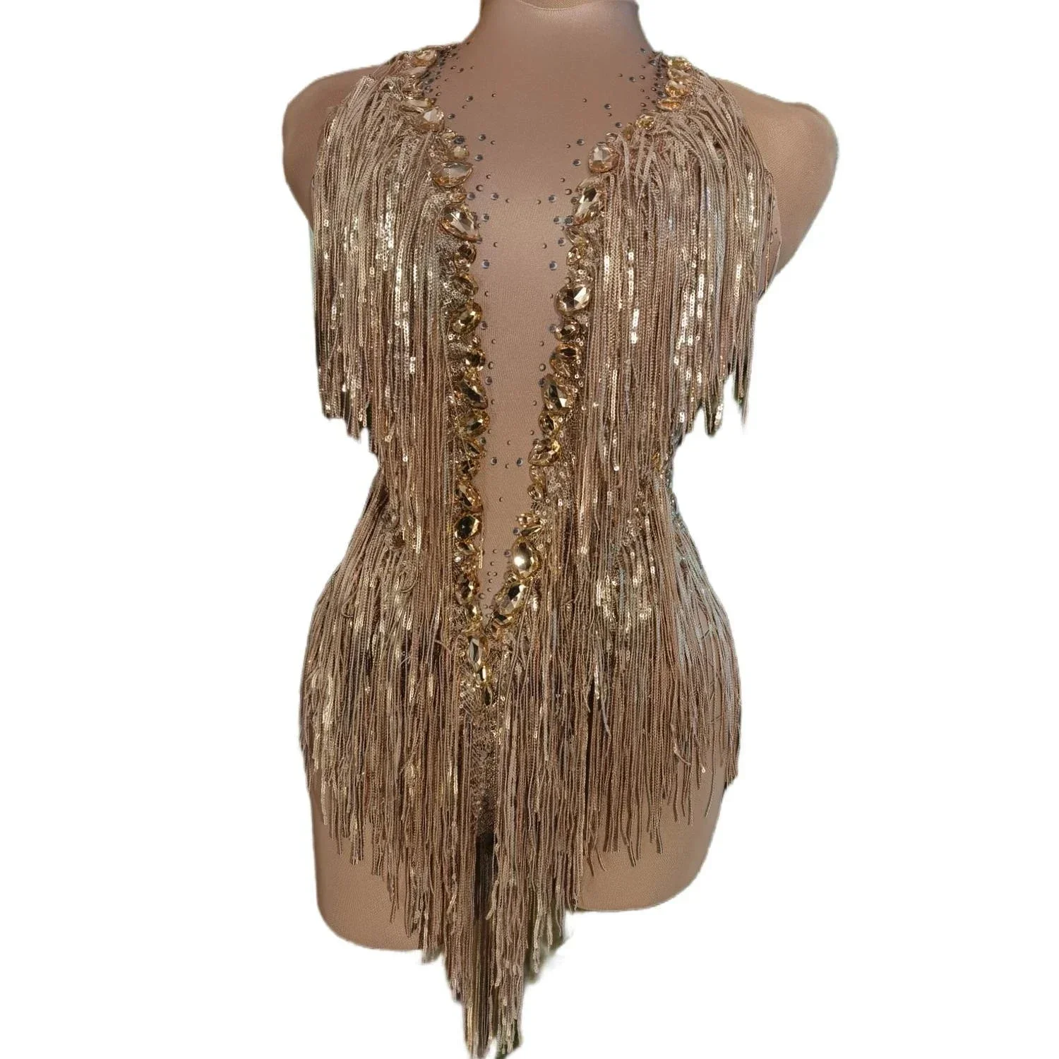 

Sparkly Rhinestones Fringes Leotard Sexy Tassel Bodysuit Jazz Dance Costume One-piece Stage Wear Dancer Performance Show