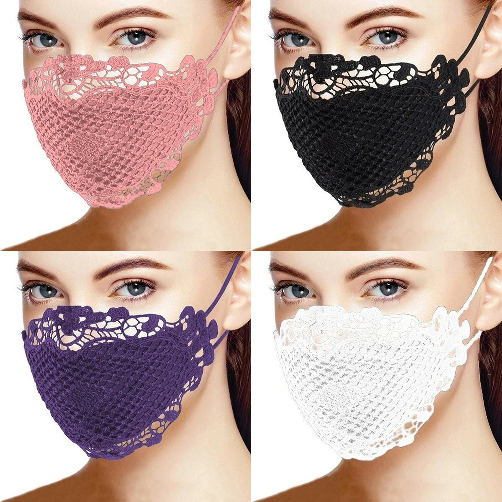 Lot de 5 masques en dentelle de couleurs variées, suspendus à un porte-manteau, mettant en valeur la diversité des teintes.