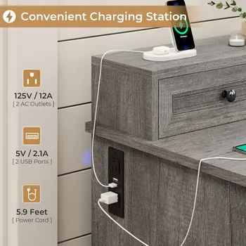 Farmhouse Executive Desk with File Drawer, Computer Desk with Charging Station & LED Lights, Home Office Desk with Drawers & Sto 6