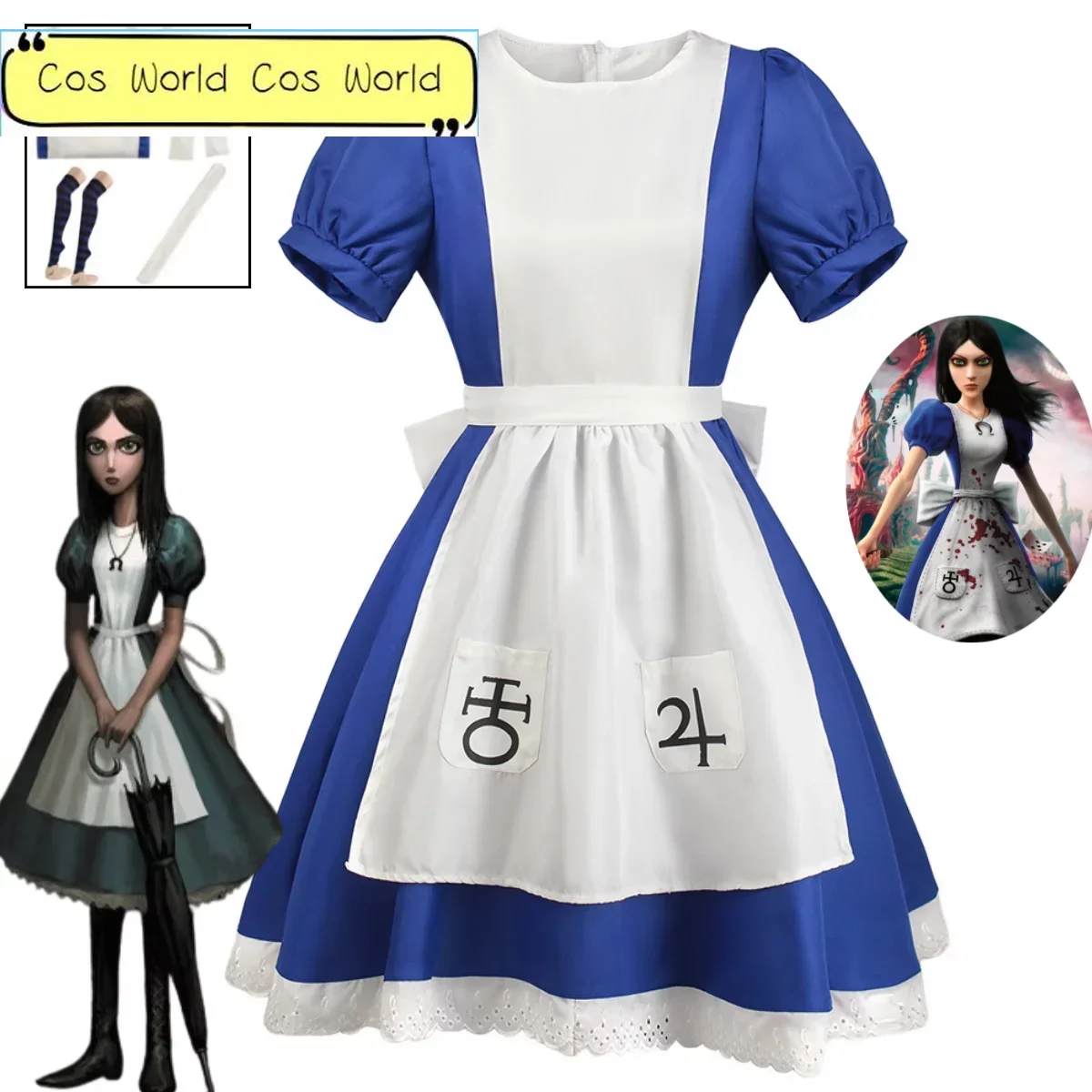 

Game Alice Madness Returns Cosplay Costume Maid Dress Apron Short Skirt Uniform Halloween Party Performance Set