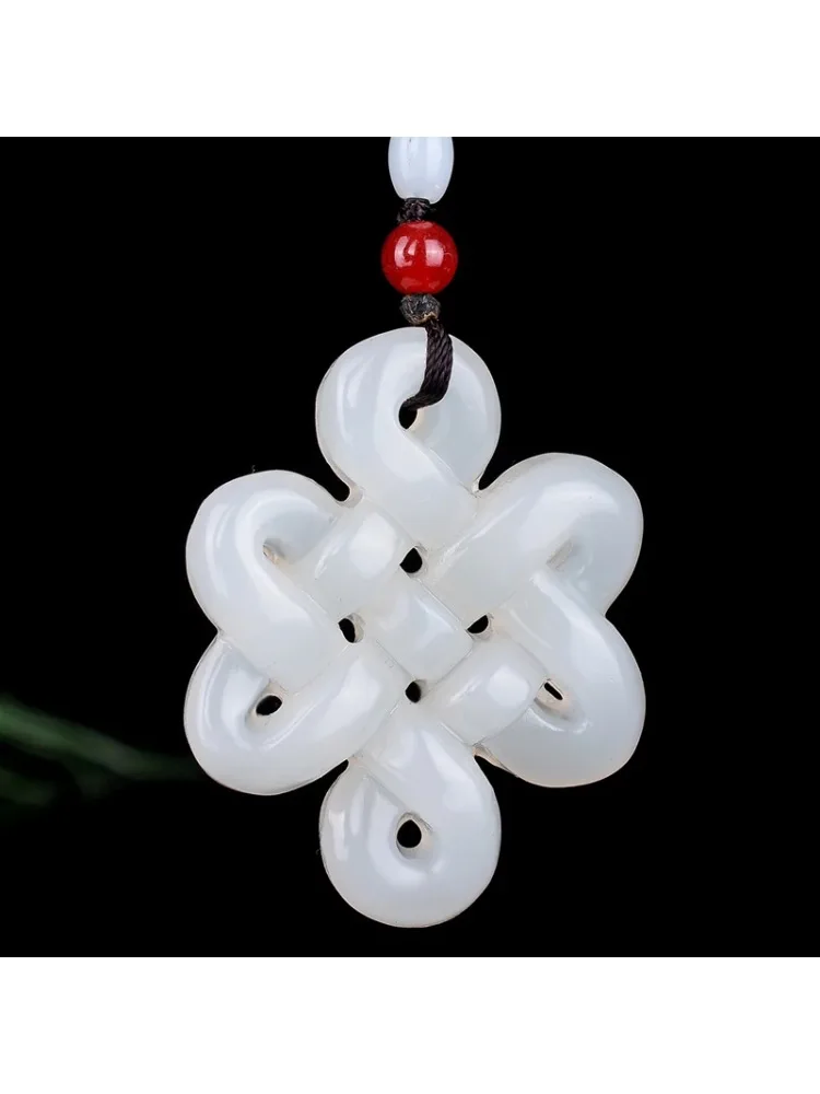Natural Green White Jade Chinese Knot Pendant Beads Necklace Charm Jewelry Double-sided Hollow Carved Amulet Gifts for Her