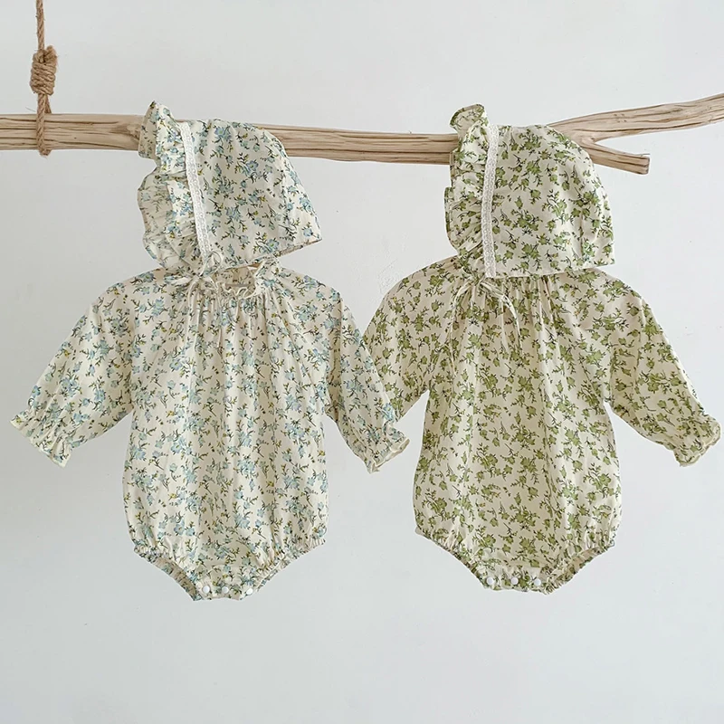 

Spring Autumn Newborn Baby Girls Bodysuits+Hat Infant Baby Girls Jumpsuit Long Sleeved Cotton Floral Printing Children Clothes