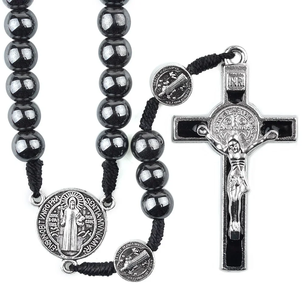 Catholic Rosary Car Ornament Black Hematite Bead Saint Benedict Medal Jesus Cross Auto Decor Automotive Decal
