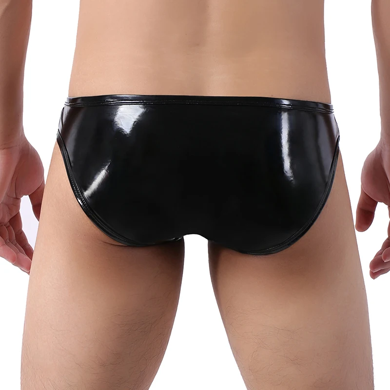 Men's Sexy Low-Rise Faux Leather Skinny Briefs Side Open PU Jockstrap Raised Pockets Micro Mini Panties G String Sissy Bikini mens underwear