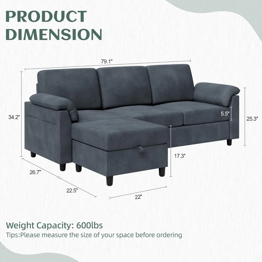 Convertible Sectional Sofa Couch, 3 Seat L Shaped Sofa with Removable Pillows Linen Fabric Small Couch Gray Children's Sofas 4