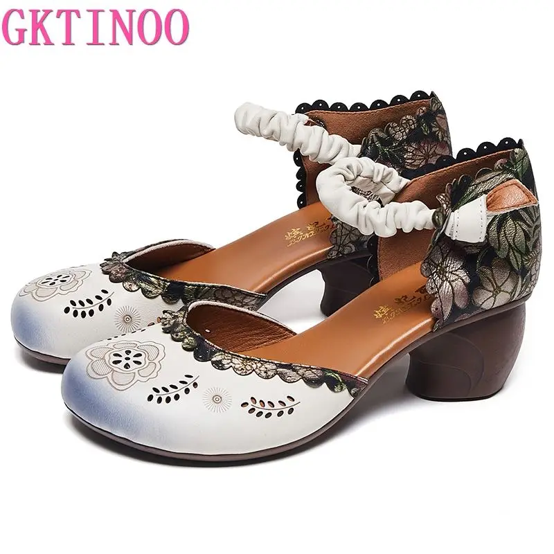 

GKTINOO New Design Round Toe Sandals Woman 2023 Summer Ethnic Style Summer Shoes Genuine Leather Thick Heel Print Casual Sandals