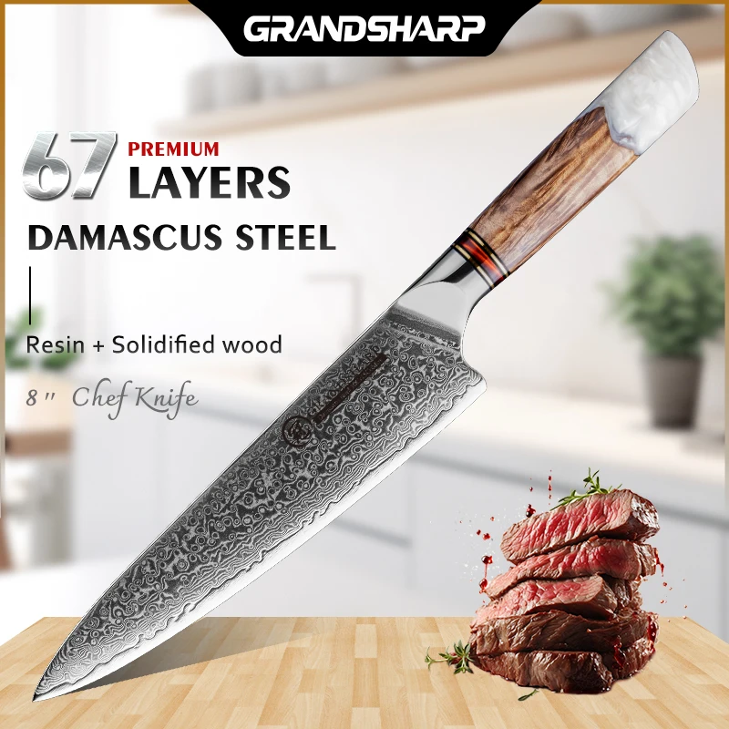 

Grandsharp 8 Inch Chef Knife 67 Layers Damascus 10Cr15C0Mov Steel Kitchen Knife vegetable Meat Sharp Cooking Tools with Gift Box