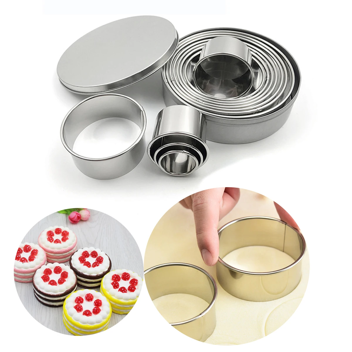 

12pcs Stainless Steel Mousse Ring 12pcs Round Cake Moulds Donut Fondant Cookie Moulds Baking Tools