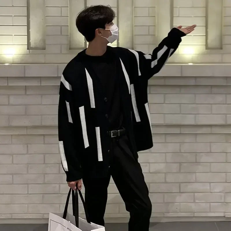 

Men's Clothing Cardigan Knit Sweater Male Black Striped Korean Autumn Clothes V Neck Best Selling Products 2023 Y2k Streetwear A