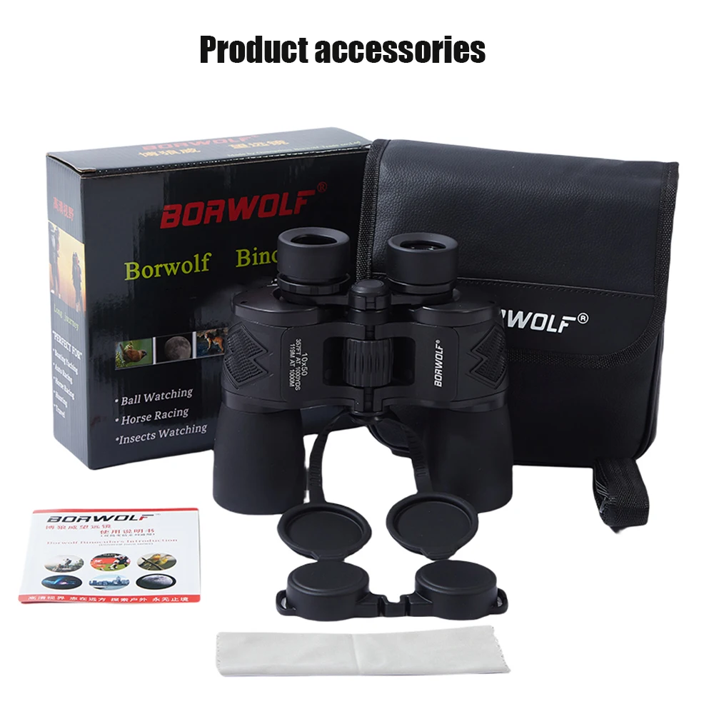 BORWOLF 10X50 ED Professional Zoom 26MM Large eyepiece powerful Binoculars Light night vision for hunting telescope 6
