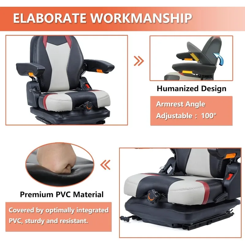 Suspension Seat, Highback Low  Slide Rails, Armrests Shock Absorber Heavy Duty Seat for Toro Forklift Mower Excavator Harvester 2