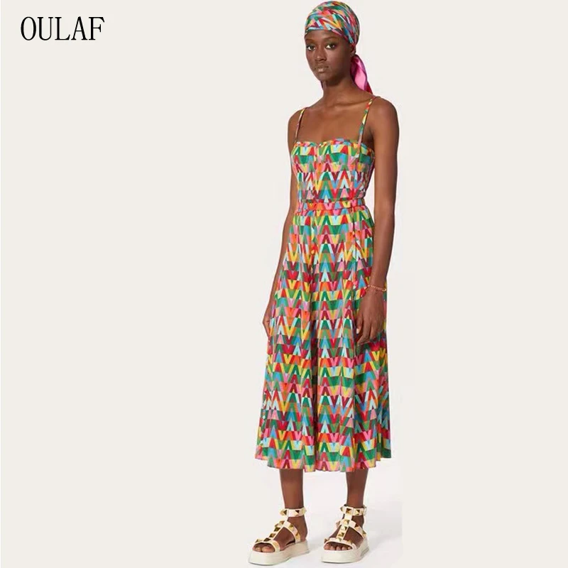 OULAF Sexy Color Print Bra Party Dresses Women's Summer Spaghetti