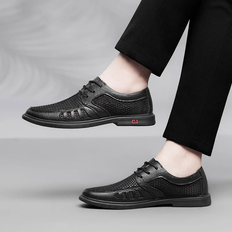 Summer Business Men's Dress Shoes Mesh Breathable Man Fashion Casual Shoes Genuine Leather Oxfords Work Zapatos Hombre