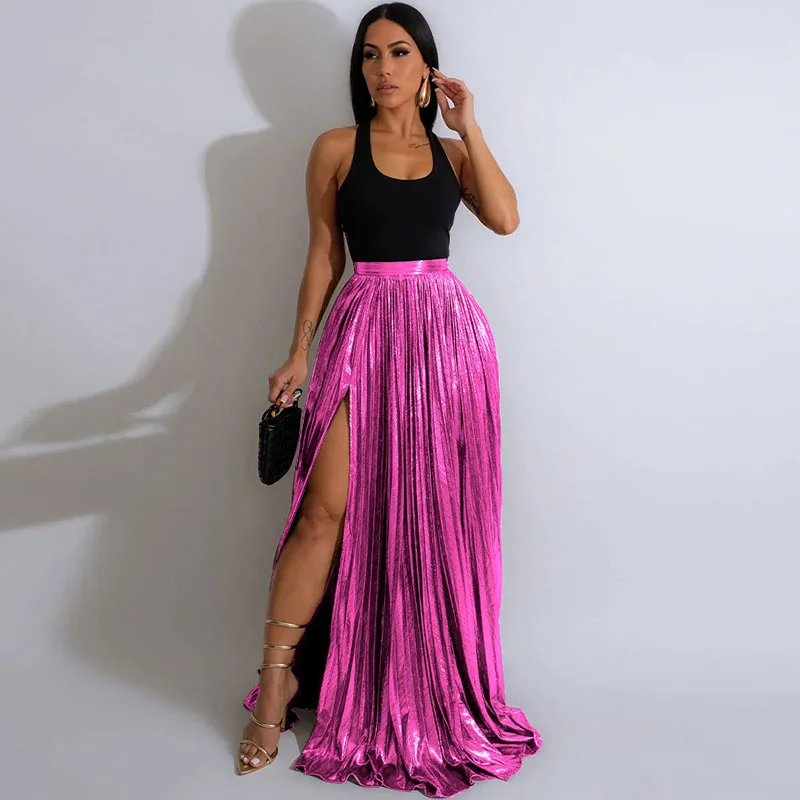 2024 Metallic Maxi Skirts for Women Y2K High Waist Split Pleated A