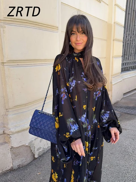 Elegant Printed Boho Long Dresses Women Loose Chic Turtleneck Lantern Sleeve Floral Robes 2025 Spring Summer Lady Vacation Dress 2