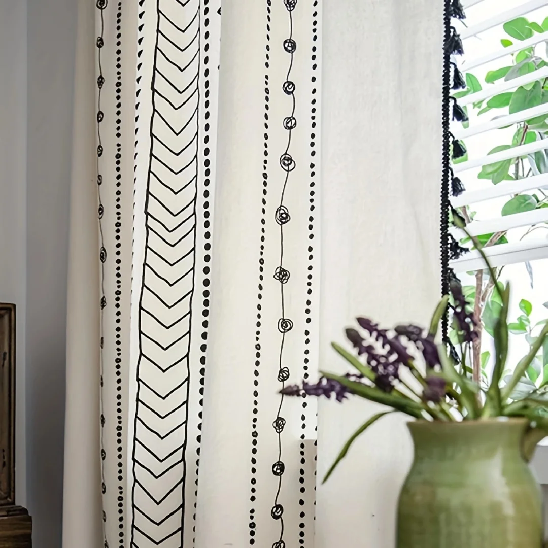 Black tassel curtains, semi shading geometric farmhouse, Bohemian style cotton and linen dimming curtains 1PC 5