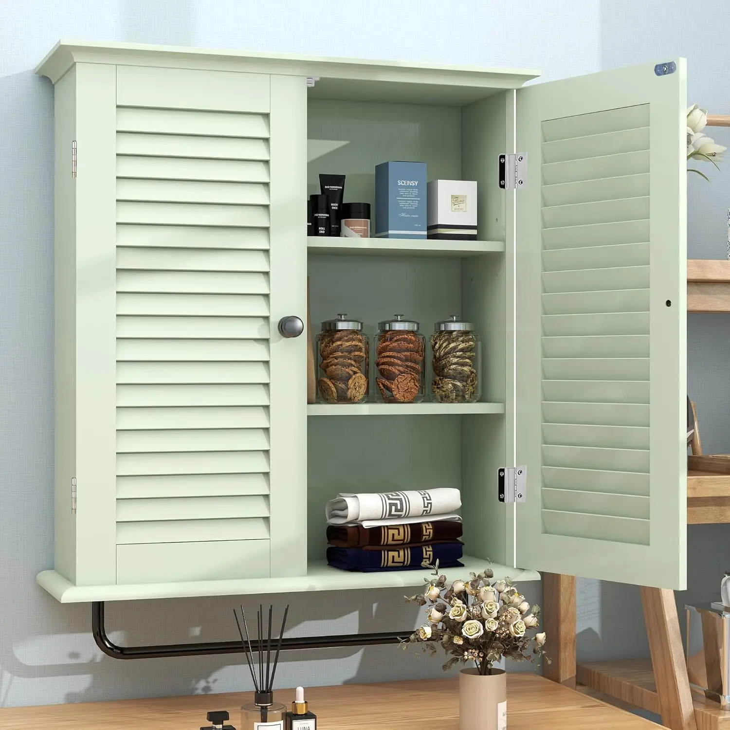 TaoHFE Bathroom Cabinet Wall Mounted Green Designer Bathroom Wall Cabinet Medicine Cabinet with Double Shutter Doors 3 Tier
