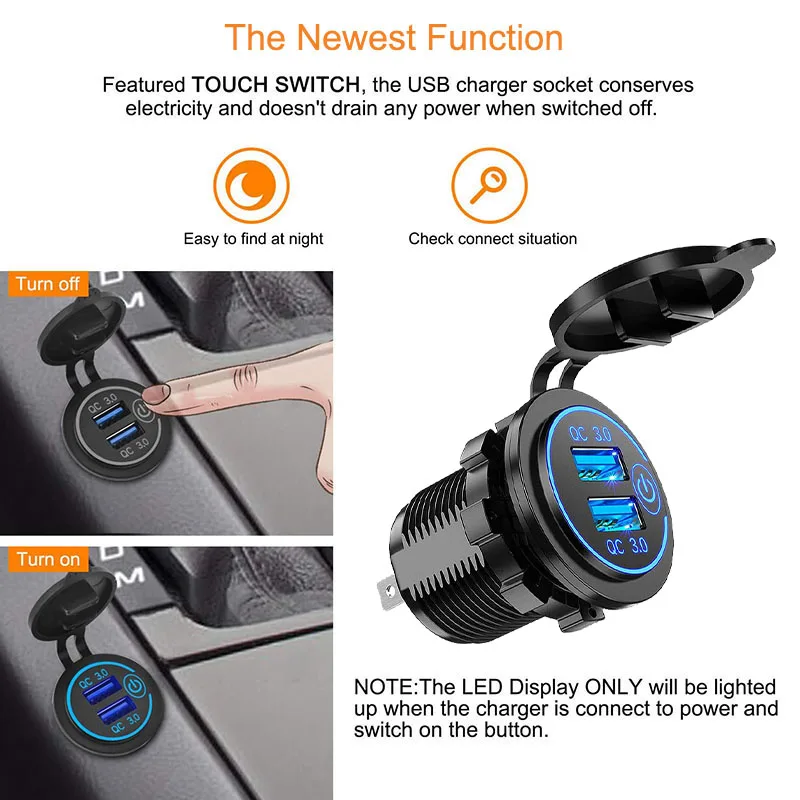 빠른 충전 3.0 듀얼 USB 차량용 충전기 방수 12V/24V QC3.0 USB 고속 충전기 소켓 전원 콘센트 터치 스위치