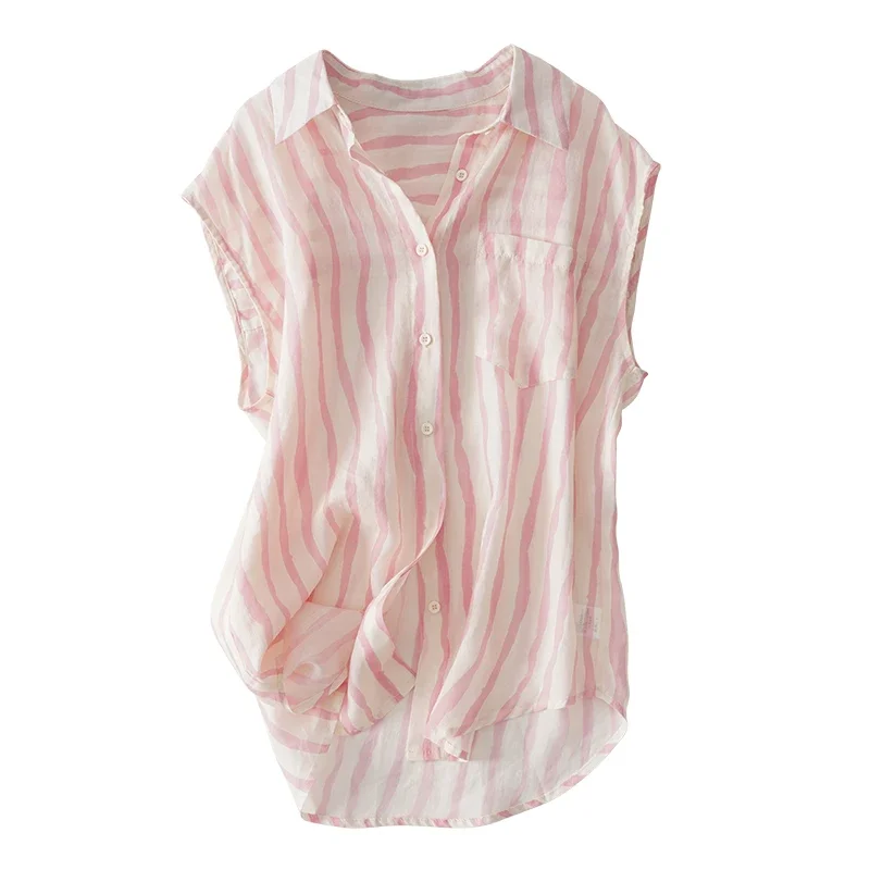 

Cotton Linen Women's Shirt Summer Vintage Blouses Loose Sleeveless Women Tops Stripes Fashion Clothing YCMYUNYAN
