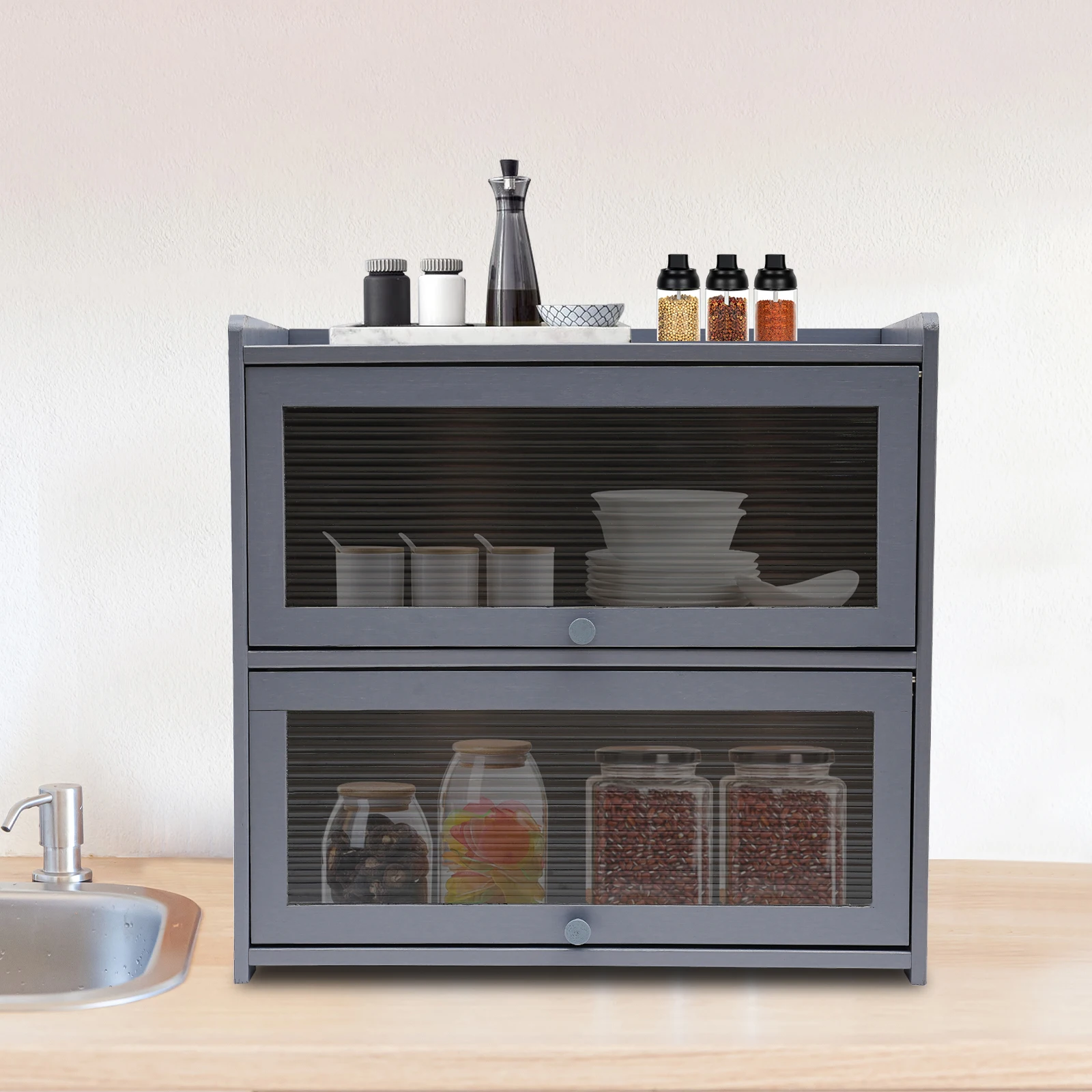 CNCEST Countertop Counter Small Bamboo Kitchen Sideboard Cabinets Storage Locker Freestanding Countertop Lockers