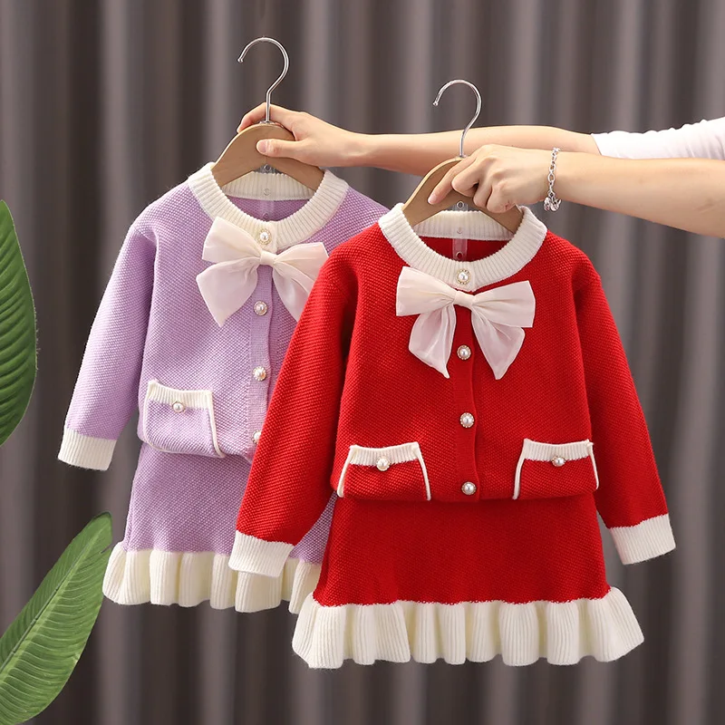 

Sprign Autumn Children Girl 2PCS Clothes Set Bow Knitted Long Sleeve Cardigan Spliced Hem Skirt Kids Girl Outfit Baby Girl Suits