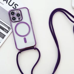 Elegant Magnetic Crossbody Lanyard with Plated Clear Wireless Charging Cover - iPhone 14 (Deep Purple)