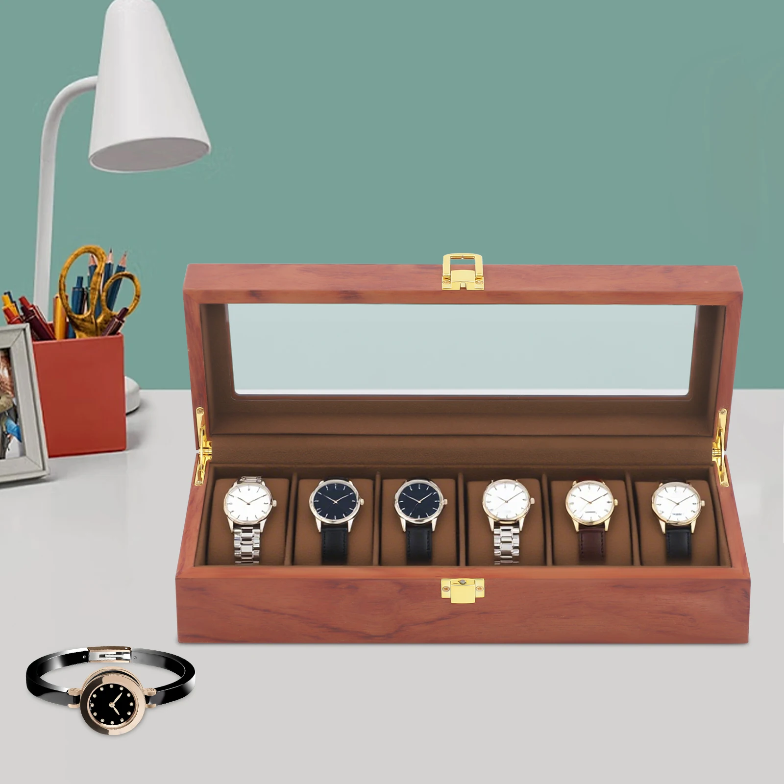6-Fach Umweltfreundliche Leder-Uhrenbox im Klassischen Bestseller-Stil, Staubdichte Uhrenaufbewahrung mit Schloss und Glasfenster – Detail 1