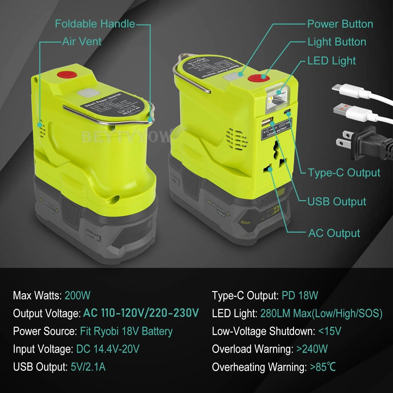 Power Inverter for Ryobi One 18V Battery 200W DC 18V to AC 110V/230V Modified Si